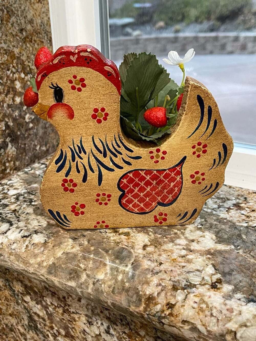 Hand made Wooden Chicken Planter Folk Art Figurine